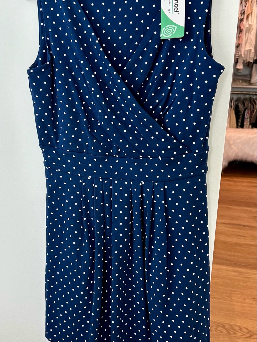 Lands' End Navy and White Polka Dot Sleeveless Wrap Midi Dress